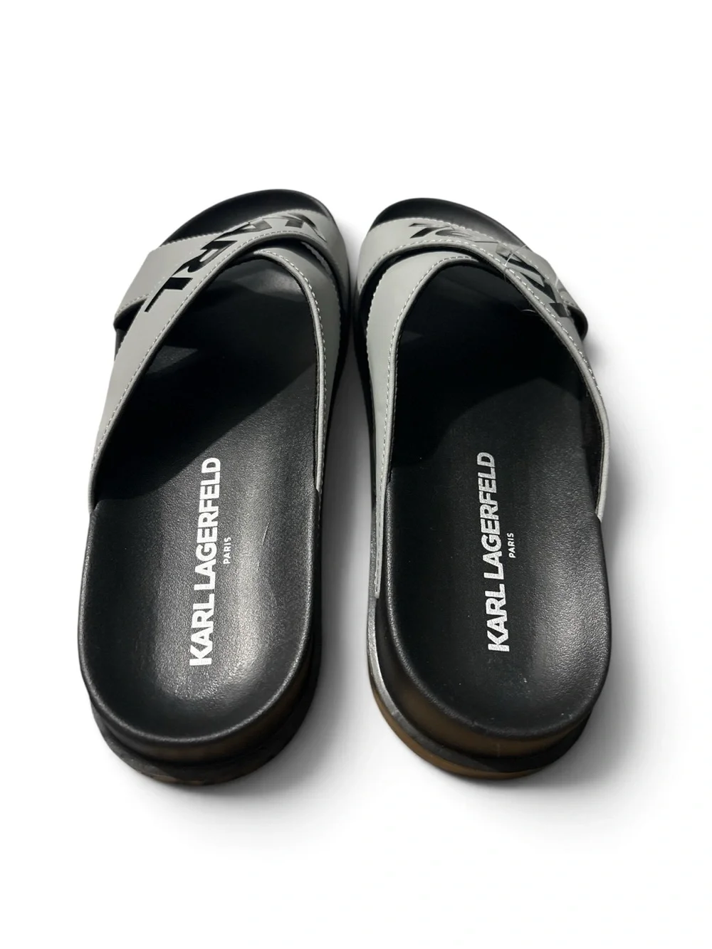 Karl Lagerfeld Men’s Grey Cross-Strap Slide Sandals with KARL Logo